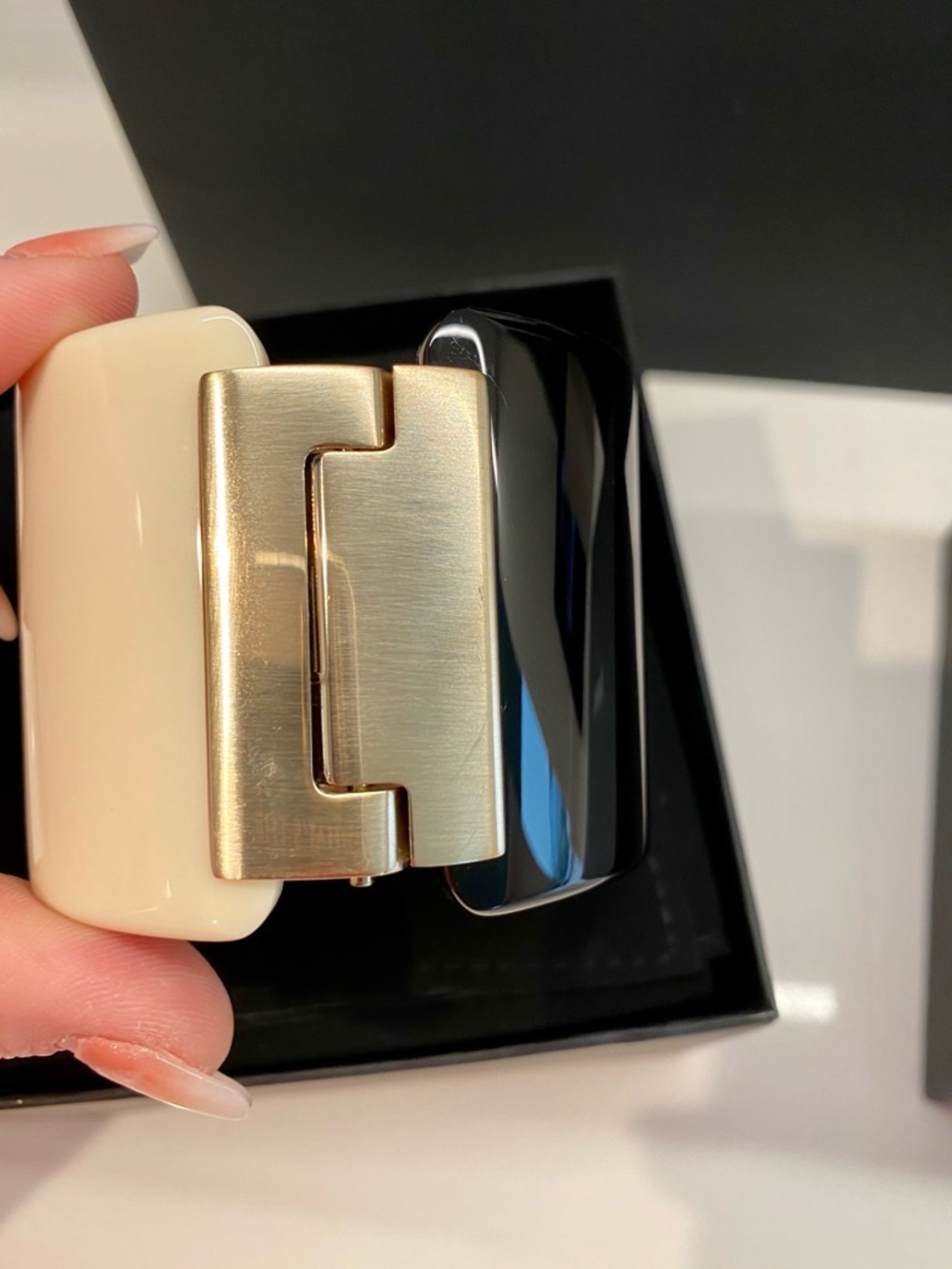 CHANEL Black and White Resin Cuff with Red Heart CC Accent - Picture 7 of 11